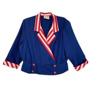 Vintage 80s Sailor Nautical Crop Jacket Navy Blue, Red, White Stripes